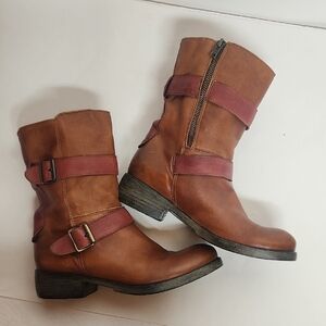 Sundance Made In Italy Leather Brown& Burgundy Moto Biker Combat Boots Sz 37/7US